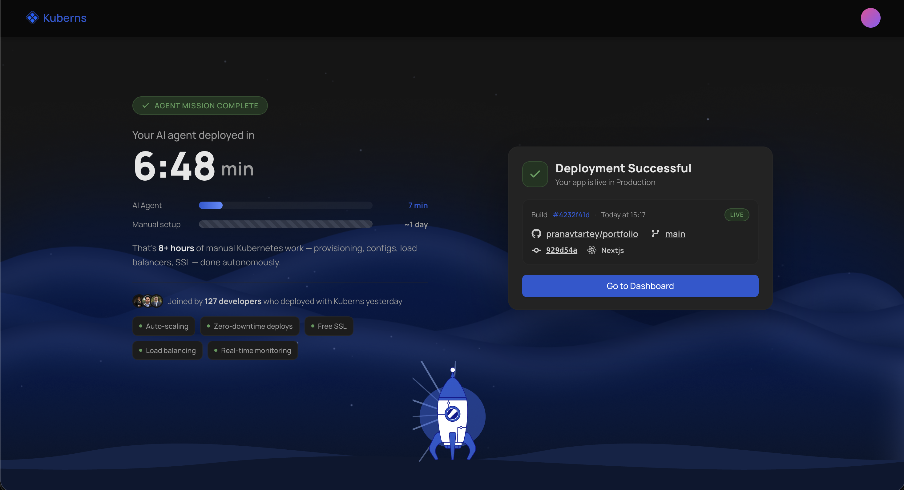 Deployment success screen: an "Agent mission complete" badge with the total deploy time, and a Deployment Successful card showing the build number, repository, branch, commit, and a Go to Dashboard button