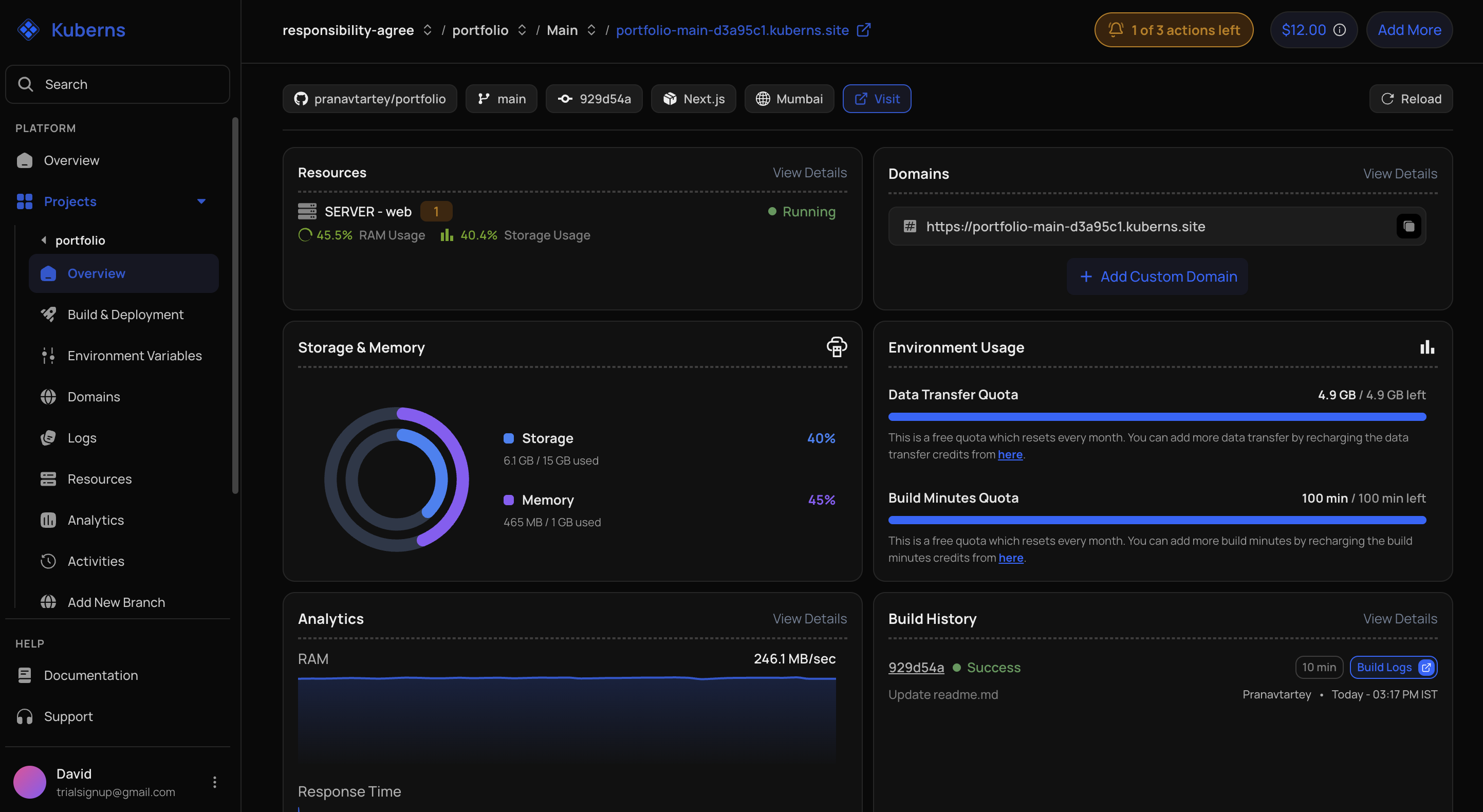 A service environment in the dashboard. The breadcrumb reads project, service, then environment — responsibility-agree / portfolio / Main — above cards for resources, domains, storage and memory, environment usage, analytics, and build history