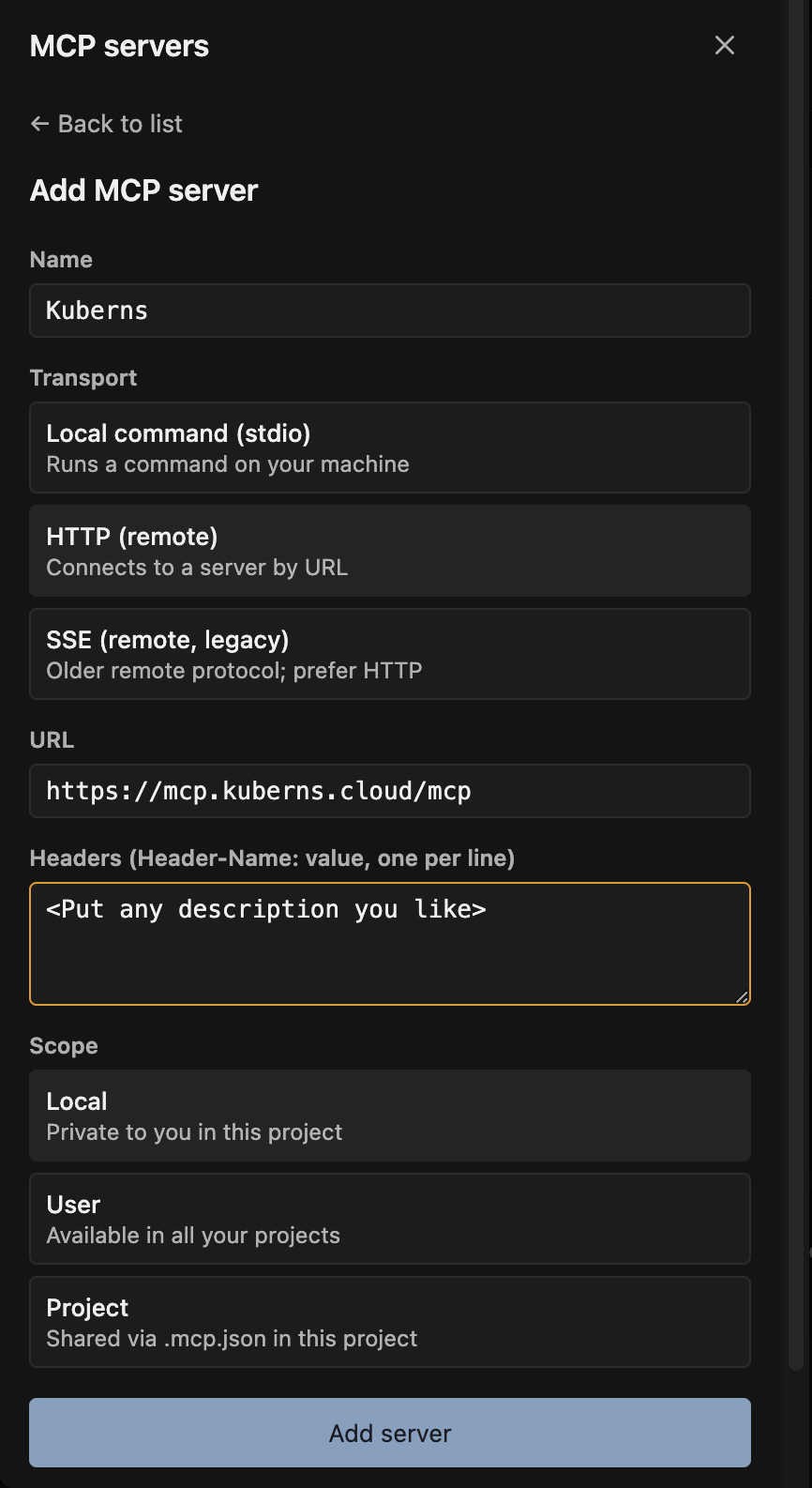 The Add MCP server form filled in with Name "Kuberns", HTTP (remote) transport, and the Kuberns MCP URL