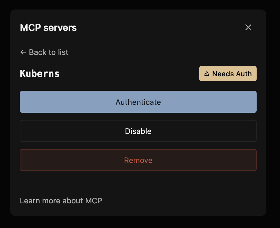 The Kuberns server detail panel with an Authenticate button