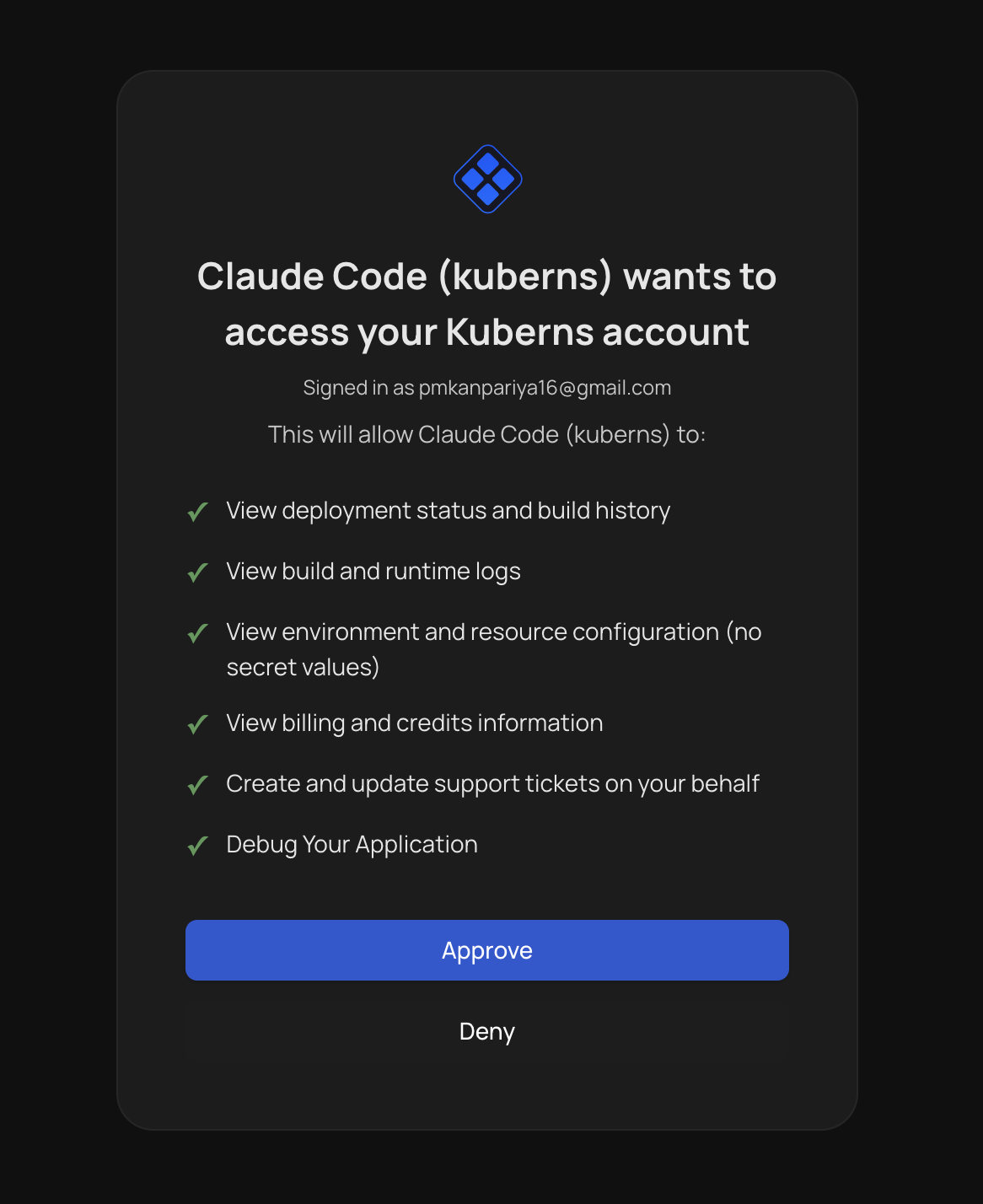 Consent screen: "Claude Code (kuberns) wants to access your Kuberns account," signed in as an email, listing scopes including Debug Your Application, with Approve and Deny buttons