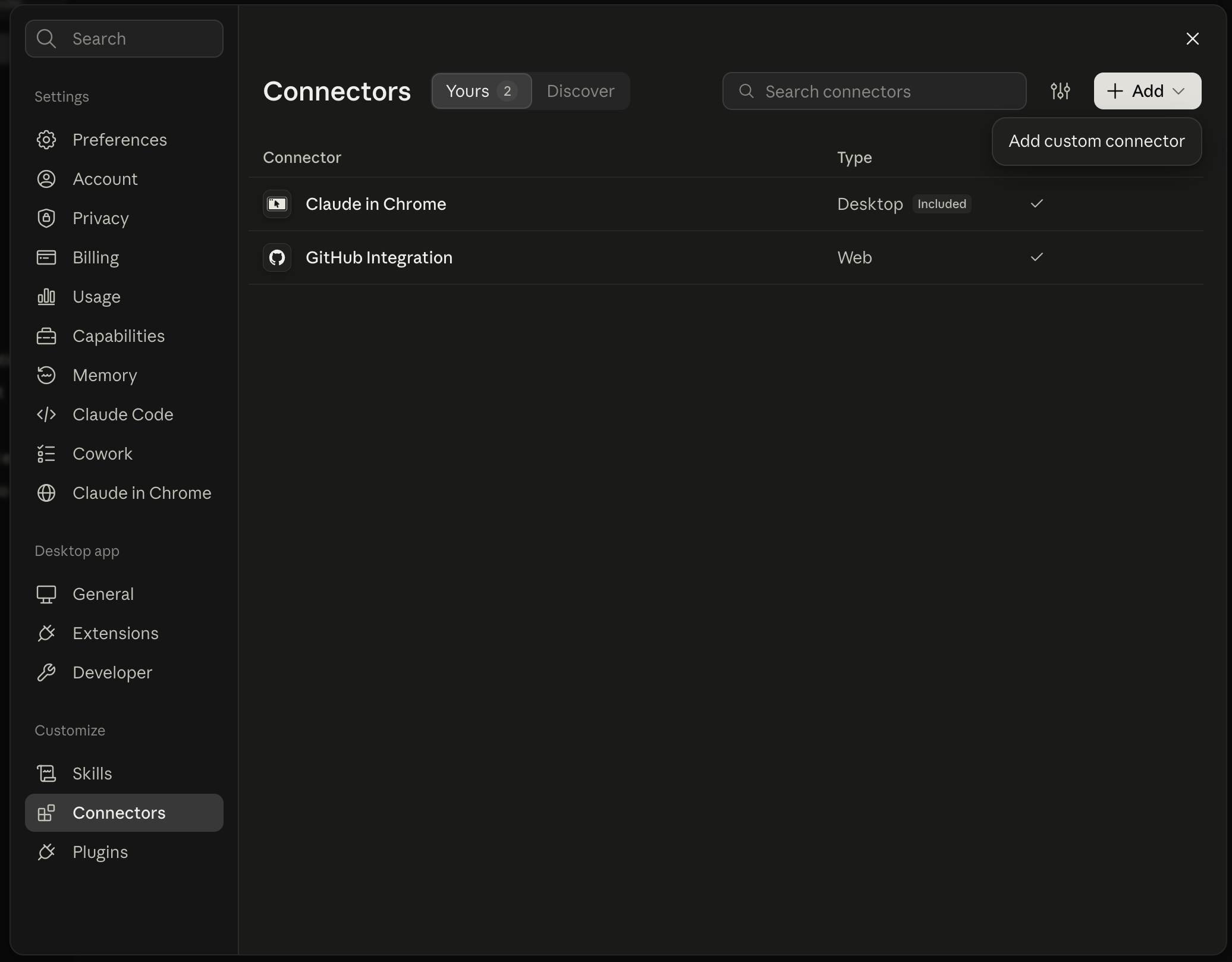 Claude desktop app settings, Connectors panel, with the Add dropdown open showing "Add custom connector"