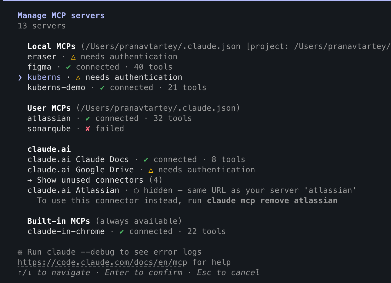 The /mcp server list, showing "kuberns · needs authentication"