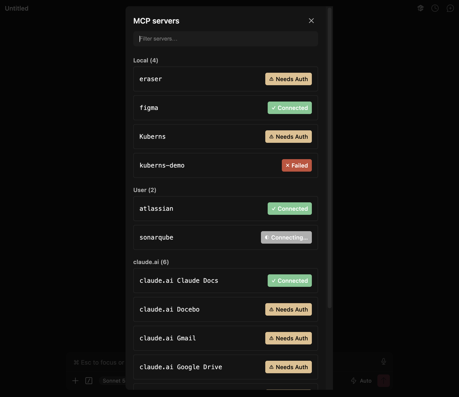 The server list showing Kuberns with a "Needs Auth" badge