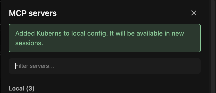 Confirmation message: "Added Kuberns to local config. It will be available in new sessions."