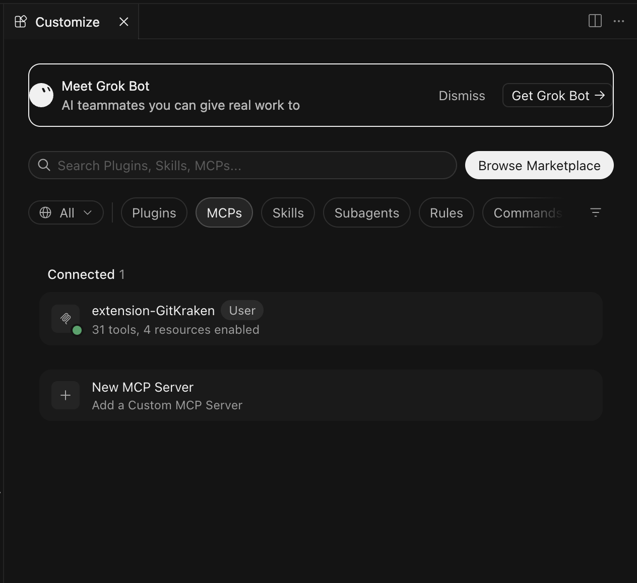 Cursor's Customize panel, MCPs filter selected, showing a connected server and a "New MCP Server / Add a Custom MCP Server" option