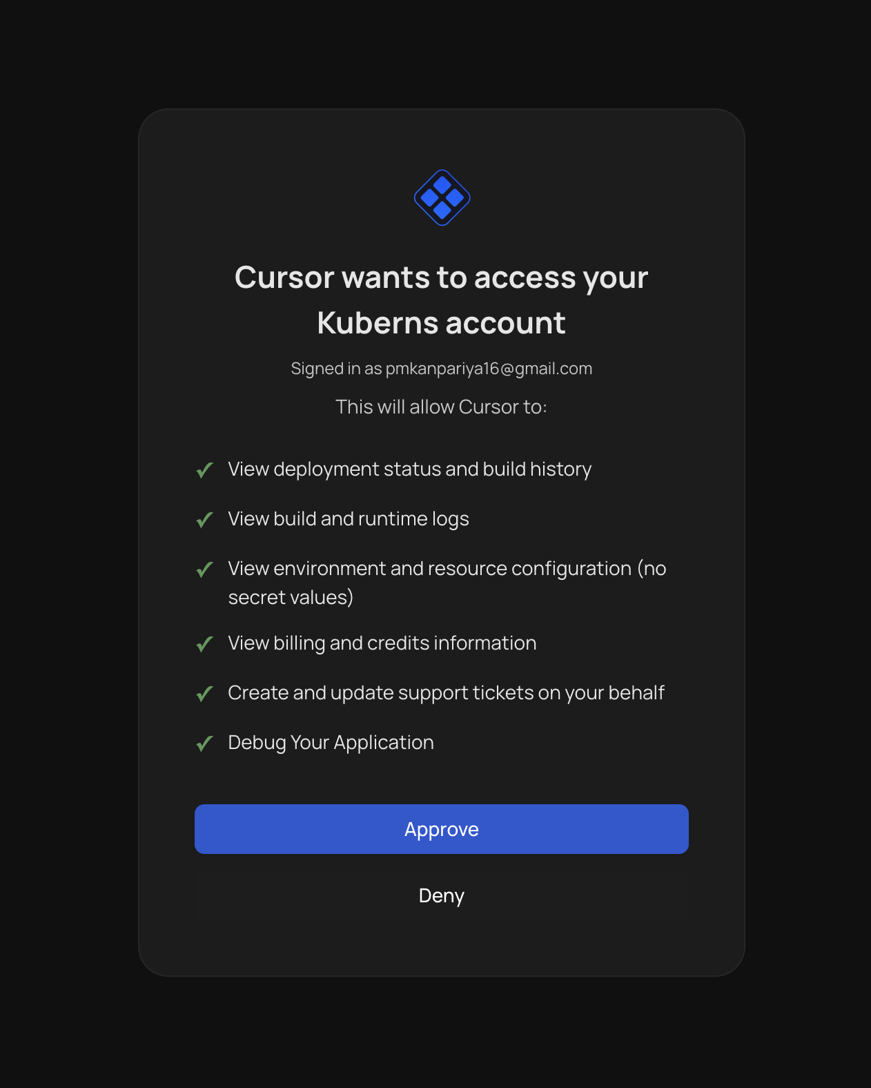 Consent screen: "Cursor wants to access your Kuberns account," signed in as an email, listing scopes including Debug Your Application, with Approve and Deny buttons