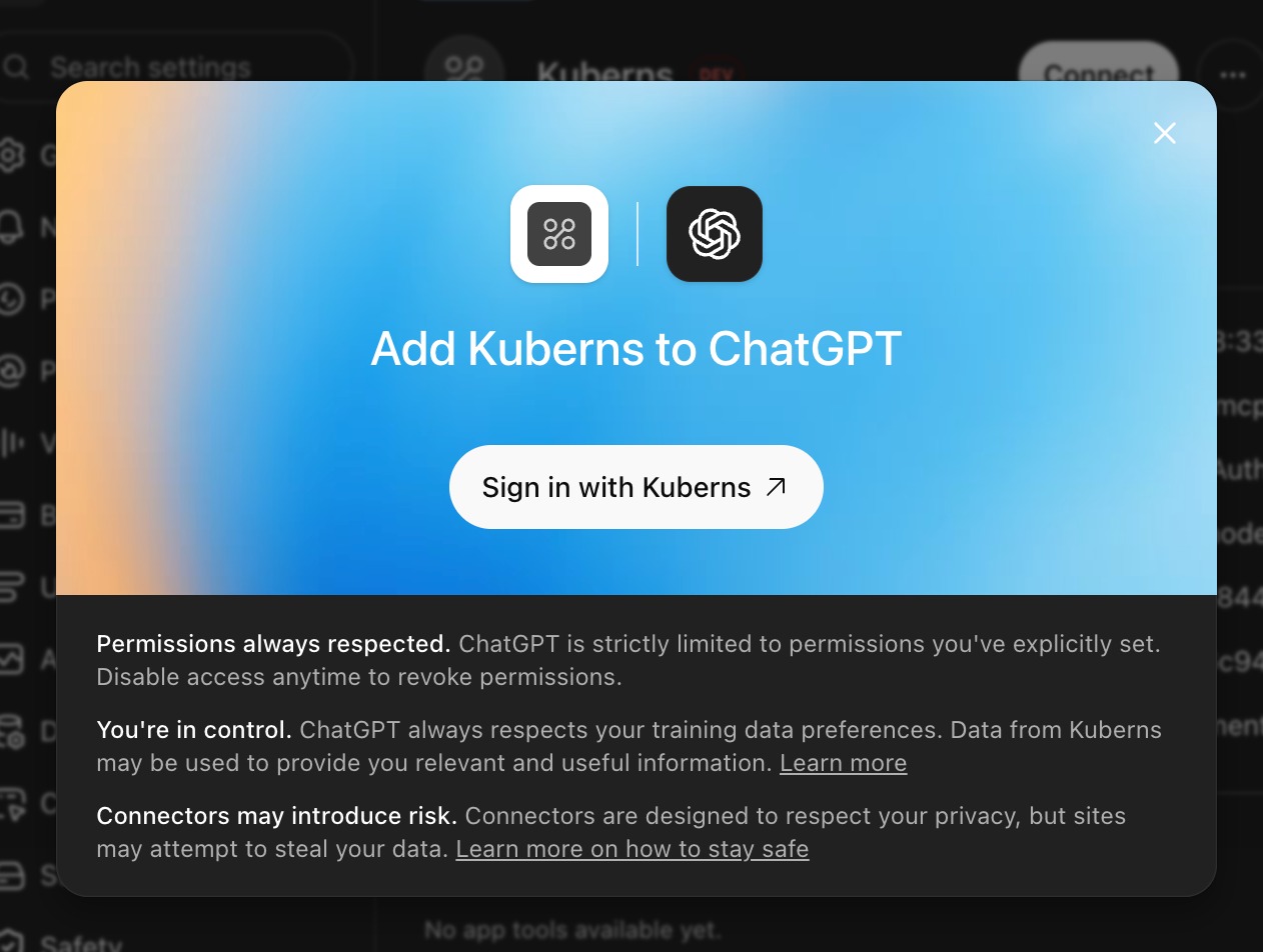 The "Add Kuberns to ChatGPT" modal with a "Sign in with Kuberns" button