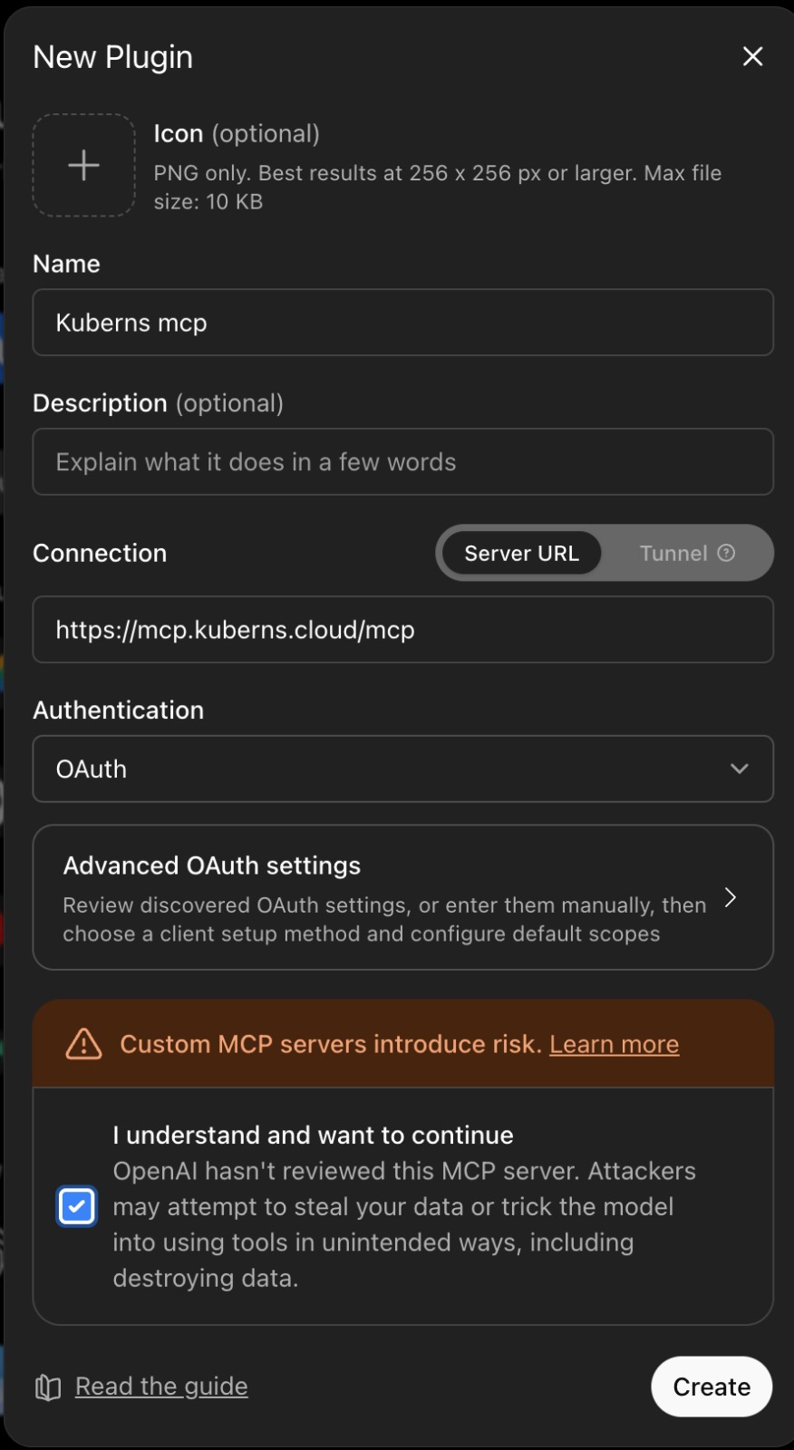 The New Plugin form filled in with Name "Kuberns mcp", Server URL, and OAuth authentication