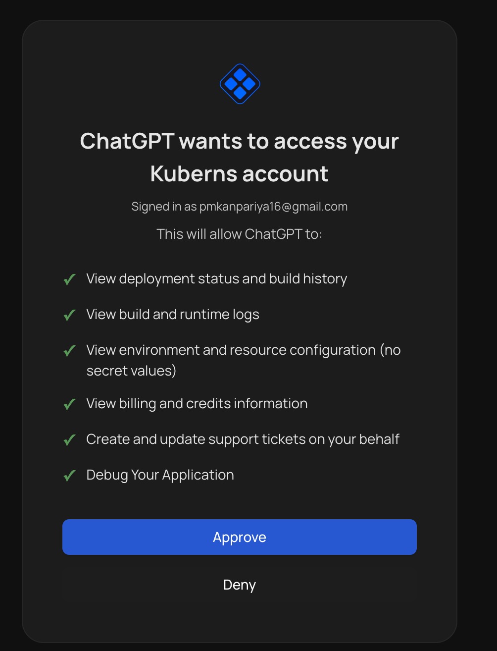 Consent screen: "ChatGPT wants to access your Kuberns account," signed in as an email, listing scopes including Debug Your Application, with Approve and Deny buttons