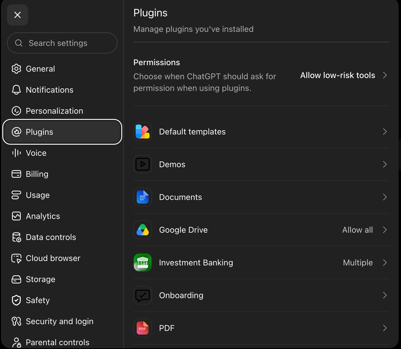 The Plugins settings page, listing installed plugins