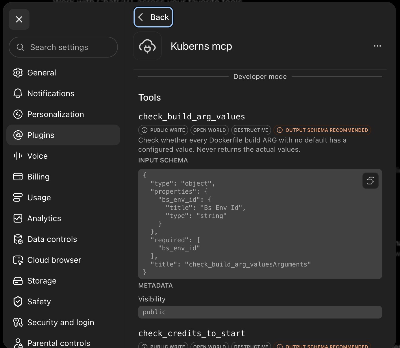 The Kuberns mcp plugin's Developer mode view, listing its tools with input schemas
