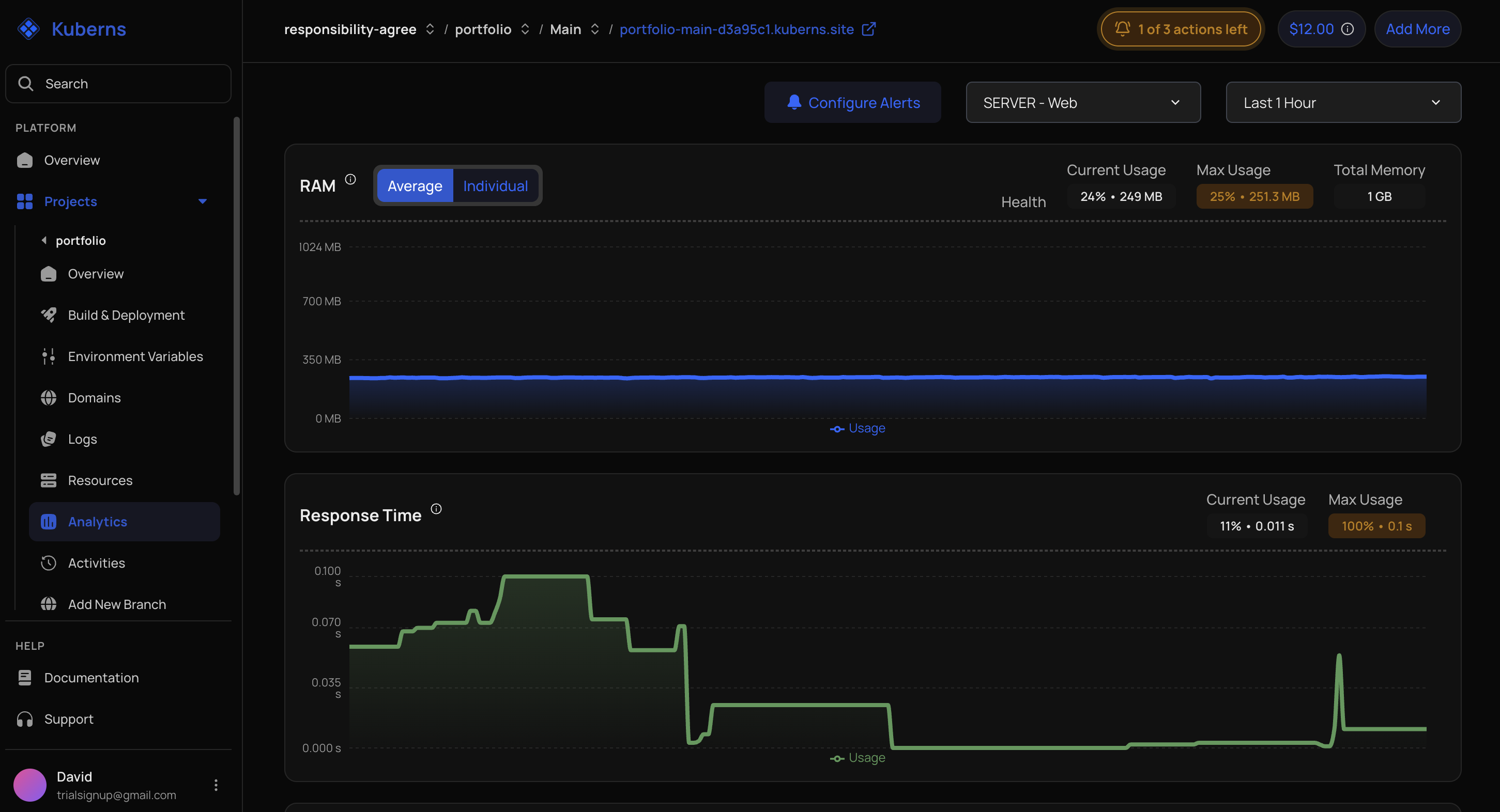 The Analytics tab: a Configure Alerts button with resource and time-range selectors above the RAM chart, which reports current usage, max usage, and total memory, and the Response Time chart below it