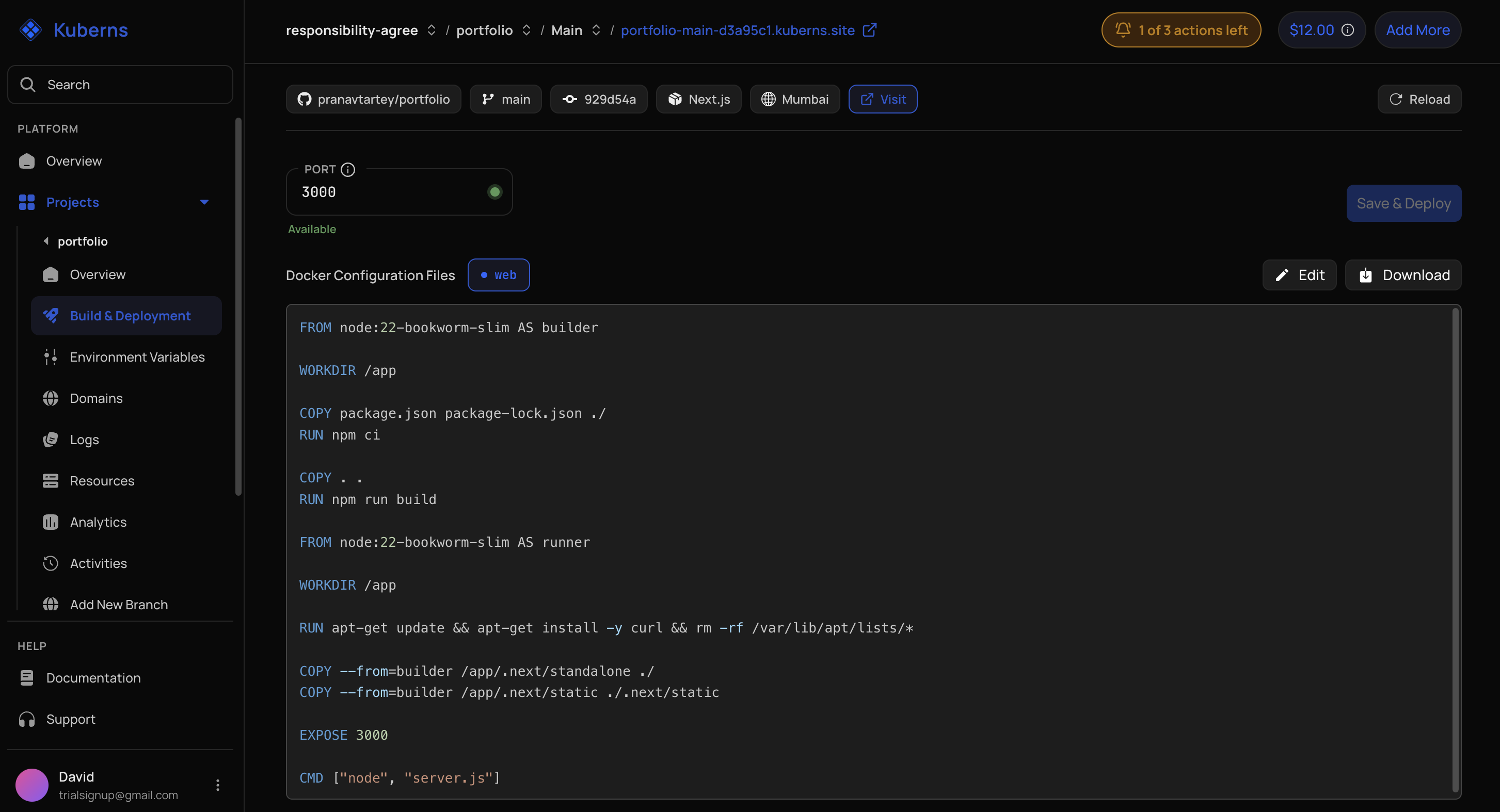 The Build & Deployment tab showing the application port, a Docker Configuration Files panel with the generated Dockerfile, Edit and Download controls, and a Save & Deploy button