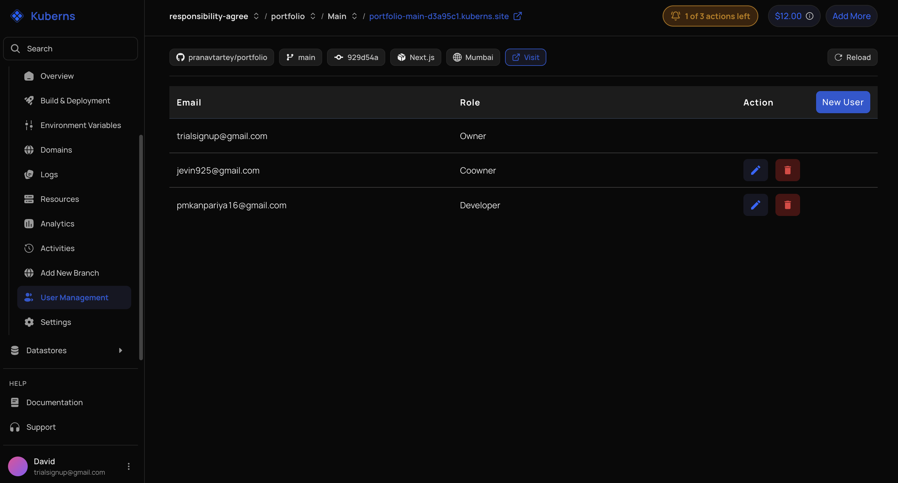 The User Management tab listing each member by email and role — Owner, Coowner, and Developer — with edit and delete actions and a New User button